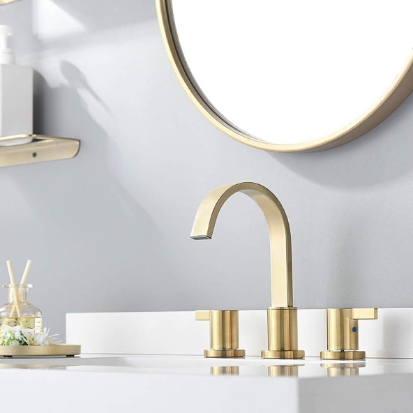 8 Inch 2 Handle Waterfall Widespread Brushed Gold Bathroom Sink Faucet with Metal Pop-Up Drain 