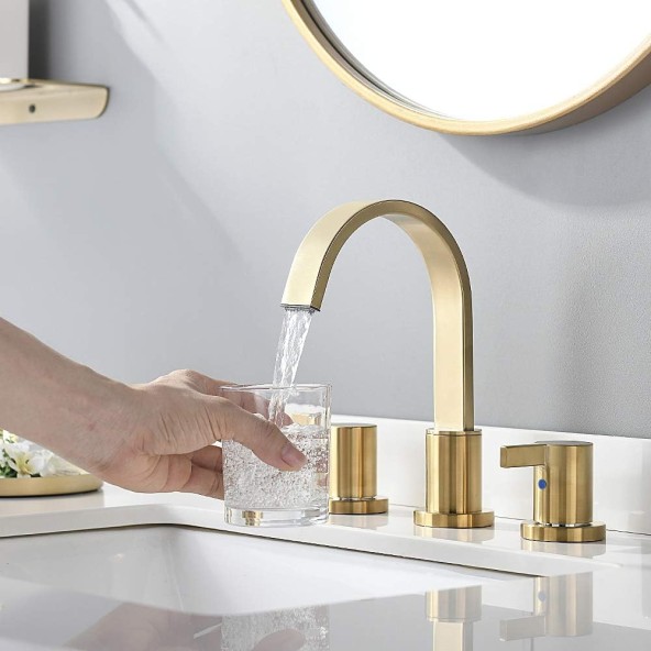 8 Inch 2 Handle Waterfall Widespread Brushed Gold Bathroom Sink Faucet with Metal Pop-Up Drain 