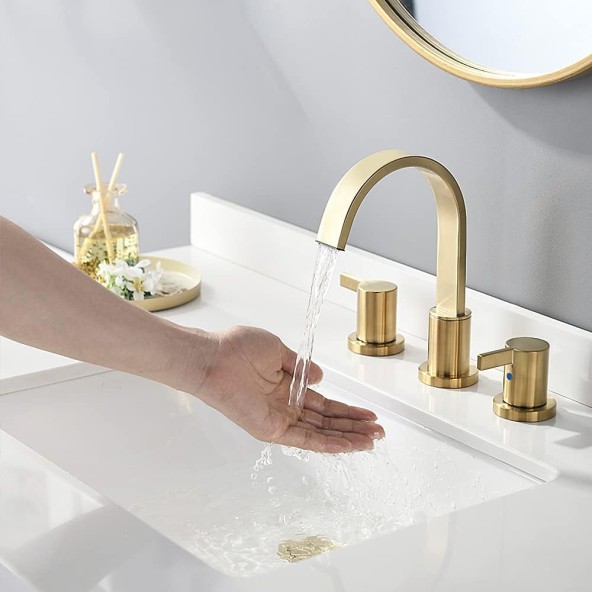 8 Inch 2 Handle Waterfall Widespread Brushed Gold Bathroom Sink Faucet with Metal Pop-Up Drain 