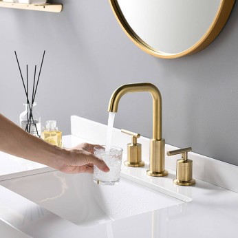 8 Inch 3 Pieces 2 Handle Brushed Gold Widespread Bathroom Sink Faucet With Pop Up Drain And Valve