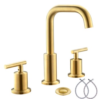 8 Inch 3 Pieces 2 Handle Brushed Gold Widespread Bathroom Sink Faucet With Pop Up Drain And Valve