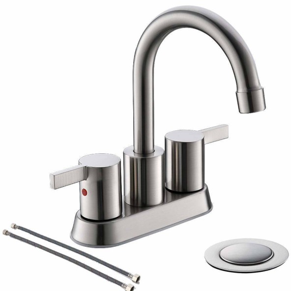 2 Handle Brushed Nickel Bathroom Faucet 4 Inch Centerset Bathrom Faucet With Pop Up Drain And Water Supply Lines
