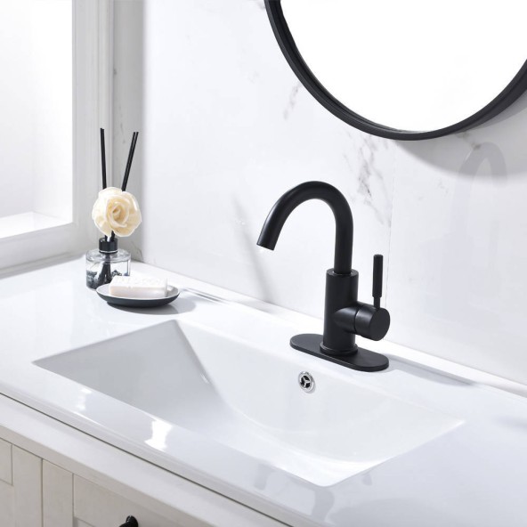 Single Handle Matte Black Bathroom Sink Faucet 4 Inch Centerset Bathroom Faucet With Deck Plate Drain And Water Supply Hoses