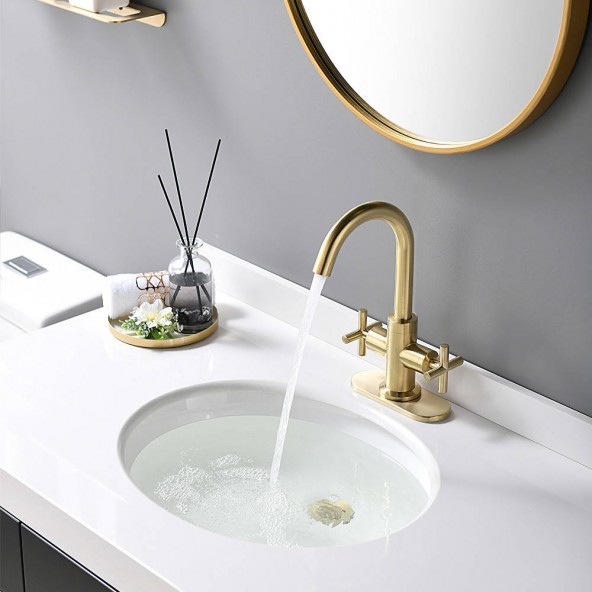 2-Handle 4 Inch Brushed Gold Centerset Bathroom Faucet With Drain,Deck Plate And Supply Hoses, Fit For Single Hole Or 3 Hole