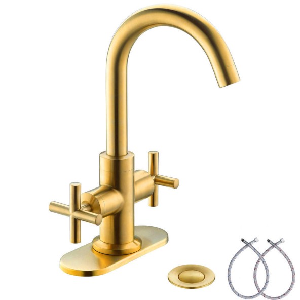 2-Handle 4 Inch Brushed Gold Centerset Bathroom Faucet With Drain,Deck Plate And Supply Hoses, Fit For Single Hole Or 3 Hole