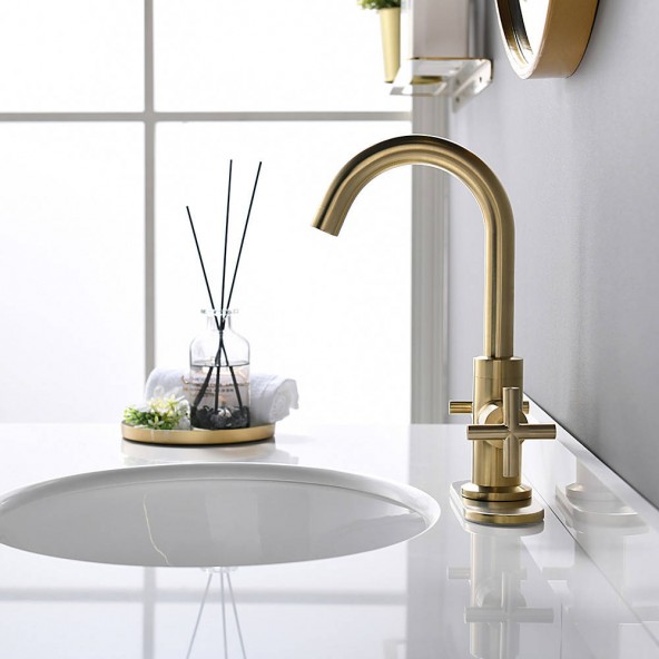 2-Handle 4 Inch Brushed Gold Centerset Bathroom Faucet With Drain,Deck Plate And Supply Hoses, Fit For Single Hole Or 3 Hole