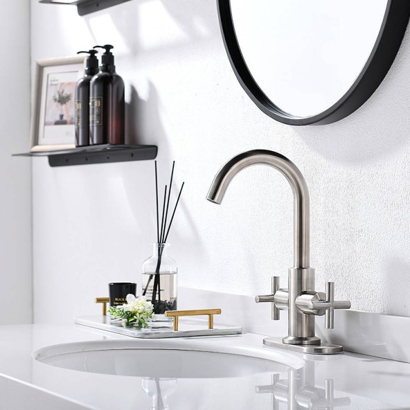 Brushed Nickel 2-Handle 4 Inch Centerset Bathroom Faucet With Drain,Deck Plate And Supply Hoses, Fit For Single Hole Or Three Hole