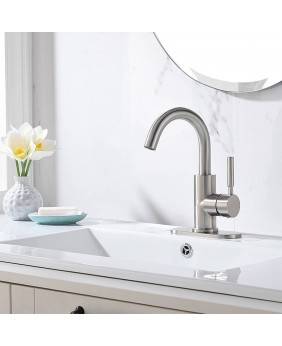 Single Handle Brushed Nickel Bathroom Sink Faucet,4 Inch Centerset Bathroom Faucet With Drain Deck Plate and 360° Rotation Spout