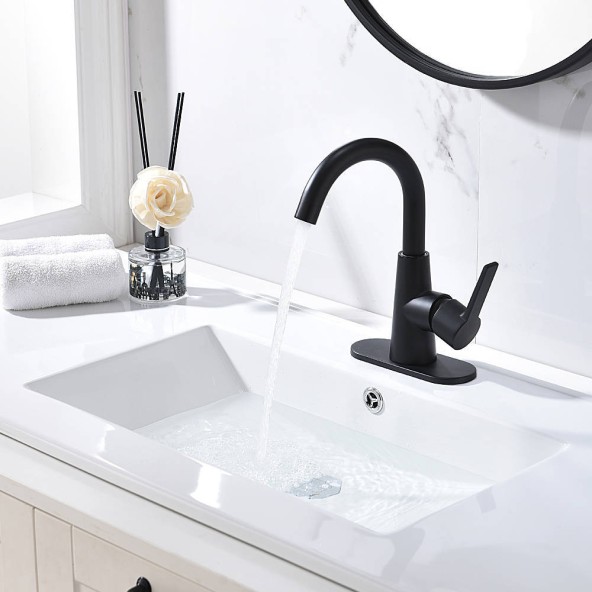 Matte Black Single Handle Bathroom Faucet With Water Supply Hoses,Single Hole Bathroom Faucet With 360° Rotation Spout