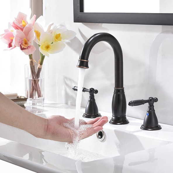3 Hole 2 Handle 8 Inch Oil Rubbed Bronze Bathroom Faucet Widespread With Pop Up Drain And Supply Lines