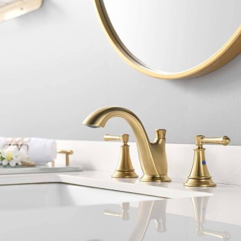 Brushed Gold Lead- Free 8 Inch 2 Handles 3 Hole Widespread Bathroom Sink Faucets, With Metal Drain And Water Supply Hoses