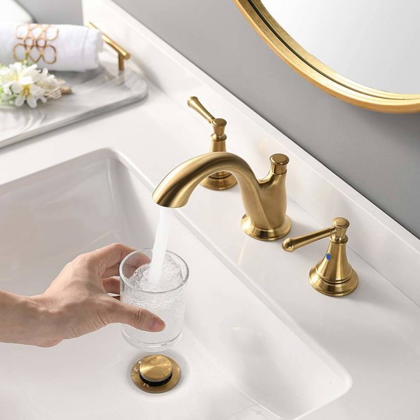 Brushed Gold Lead- Free 8 Inch 2 Handles 3 Hole Widespread Bathroom Sink Faucets, With Metal Drain And Water Supply Hoses