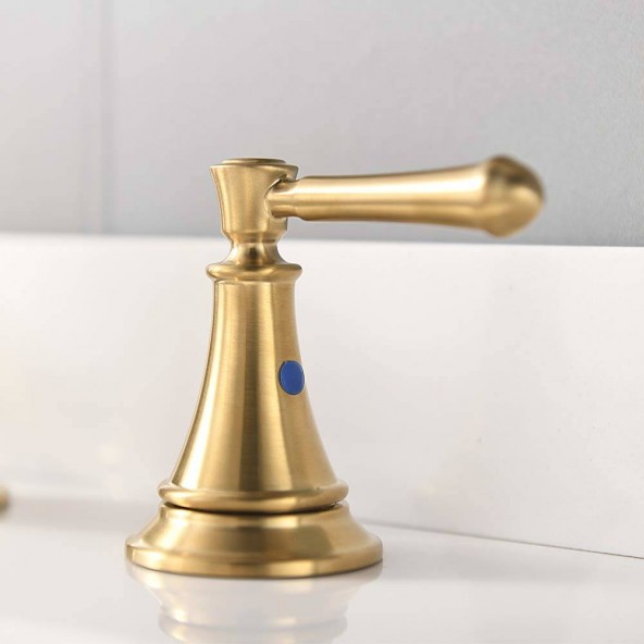 Brushed Gold Lead- Free 8 Inch 2 Handles 3 Hole Widespread Bathroom Sink Faucets, With Metal Drain And Water Supply Hoses