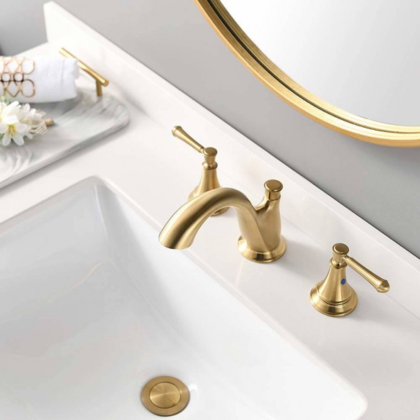 Brushed Gold Lead- Free 8 Inch 2 Handles 3 Hole Widespread Bathroom Sink Faucets, With Metal Drain And Water Supply Hoses