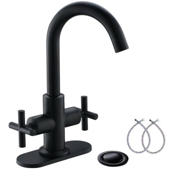 4 Inch 2 Cross Handle Centerset Matte Black Bathroom Faucet With Drain,Deck Plate And Supply Hoses