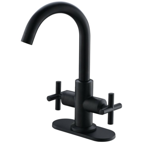4 Inch 2 Cross Handle Centerset Matte Black Bathroom Faucet With Drain,Deck Plate And Supply Hoses