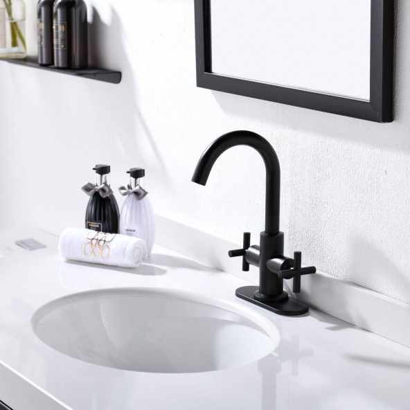 4 Inch 2 Cross Handle Centerset Matte Black Bathroom Faucet With Drain,Deck Plate And Supply Hoses