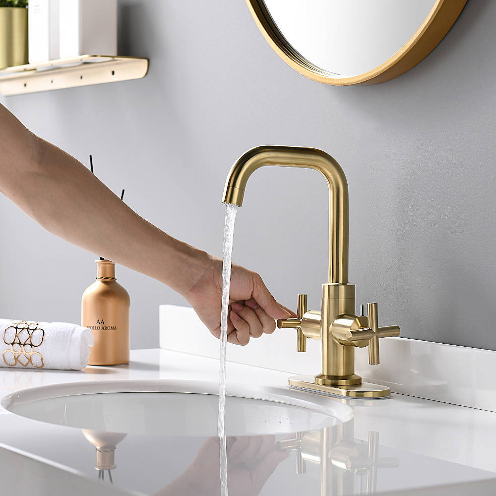 4 Inch 2-Handle Centerset Brushed Gold Bathroom Faucet With Drain,Deck
