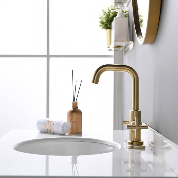 4 Inch 2-Handle Centerset Brushed Gold Bathroom Faucet With Drain,Deck Plate And Supply Hoses