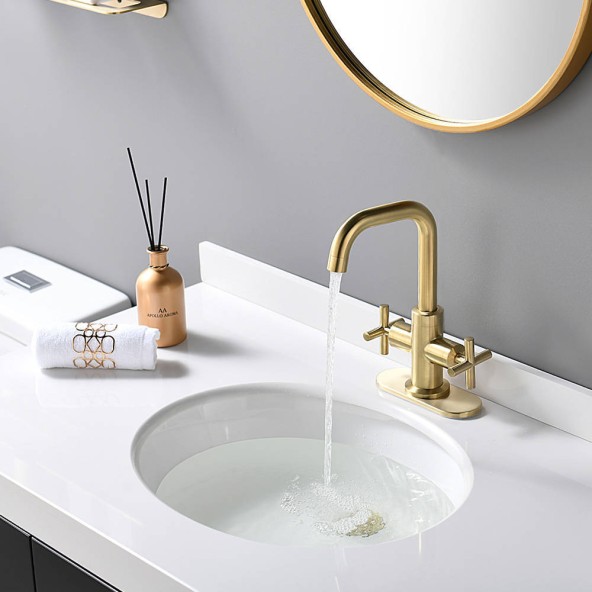 4 Inch 2-Handle Centerset Brushed Gold Bathroom Faucet With Drain,Deck Plate And Supply Hoses