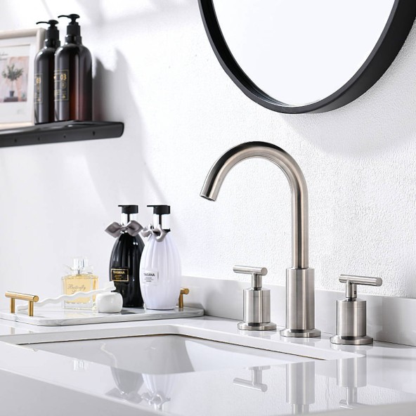 2 Handles 8 Inch Widespread BathroomFaucets, Brushed Nickel Bathroom Sink Faucet with Valve And Metal Pop-Up Drain