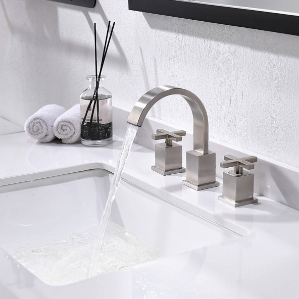 3 Hole 8 Inch Widespread Bathroom Faucet Brushed Nicekl Bathroom Sink Faucet With Pop Up Drain And Water Supply Lines