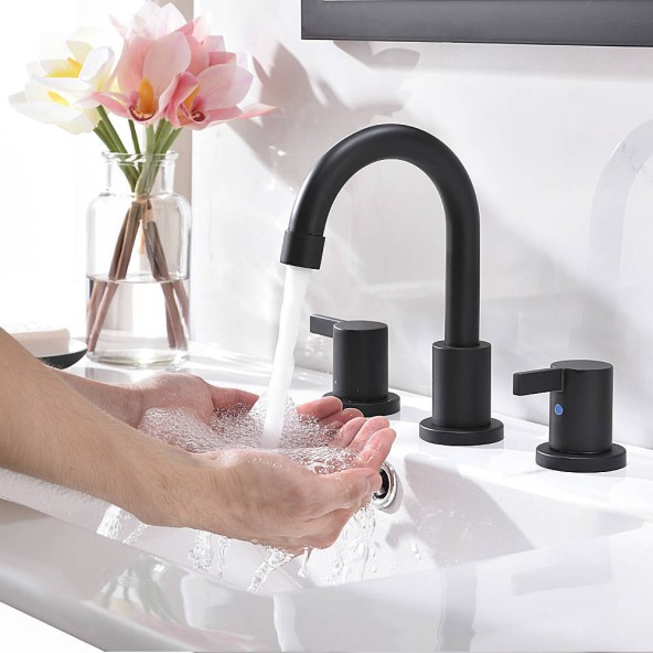3 Hole 2 Handle Modern Matte Black Bathroom Faucet Widespread Bathroom Vanity Faucets With Valve And Pop-Up Drain