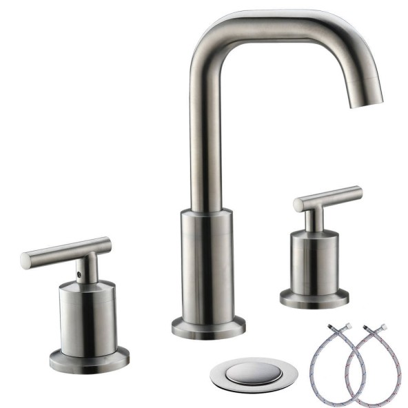 Lead-Free 8 Inch 3 Pieces 2 Handles Widespread Bathroom Sink Faucet With Nickel Pop Up Drain And Valve