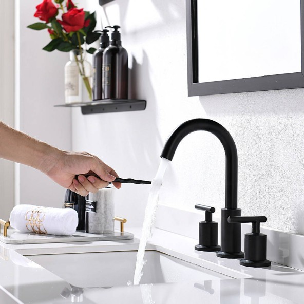 2 Handles 8 Inch Widespread BathroomFaucets, Matte Black Bathroom Sink Faucet with Valve And Metal Pop-Up Drain