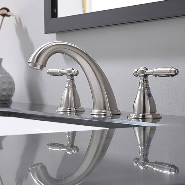 2 Handle Satin Polished 8 Inch 3 Hole Widespread Bathroom Faucet Brushed Nickel Bathroom Vessel Sink Faucet With Pop Up Drain