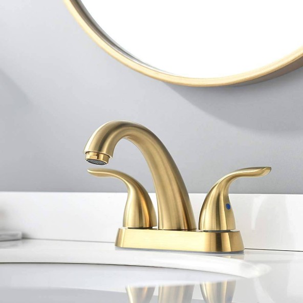 Brushed Gold 4 Inch 2 Handle Centerset Stainless Steel Bathroom Faucet by phiestina, Bathroom Faucet with Copper Pop Up Drain and Water Supply Lines