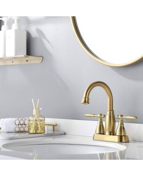 Brushed Gold Bathroom Sink Faucet, Centerset 4 Inch Swivel 360° Spout Lavatory Fauet, with Pop Up Drain and Water Supply