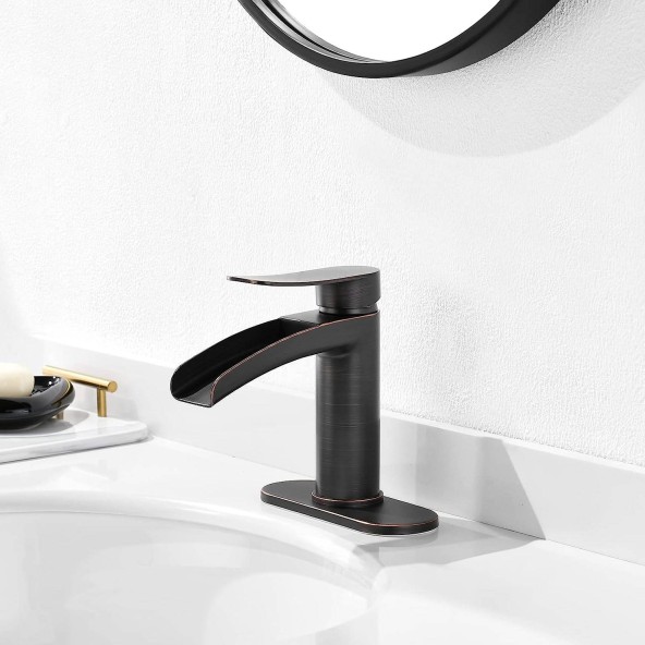 Oil Rubbed Bronze Waterfall Single Handle Bathroom Sink Faucet by phiestina, with 4-Inch Deck Plate & Metal Pop Up Drain Assembly and CUPC Water Supply Lines