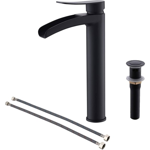 Single Handle Tall Waterfall Vessel Sink Bathroom Faucet Matte Black,with Metal Pop Up Drain Assembly & Water Supply Lines