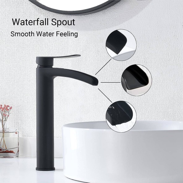 Single Handle Tall Waterfall Vessel Sink Bathroom Faucet Matte Black,with Metal Pop Up Drain Assembly & Water Supply Lines