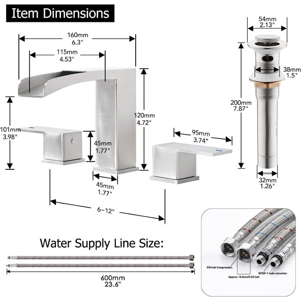 8-Inch Brushed Nickel 3 Holes 2 Handles Waterfall Bathroom Sink Faucet, with Metal Pop Up Drain Assembly & Cupc Water Supply Lines 