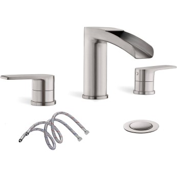 Waterfall Brushed Nickel Bathroom Faucet, 3 Hole Widespread Vanity/Utility Sink Faucet, with Pop Up Drain and Water Supply Line