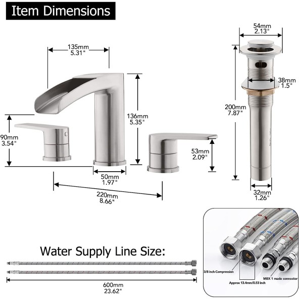 Waterfall Brushed Nickel Bathroom Faucet, 3 Hole Widespread Vanity/Utility Sink Faucet, with Pop Up Drain and Water Supply Line