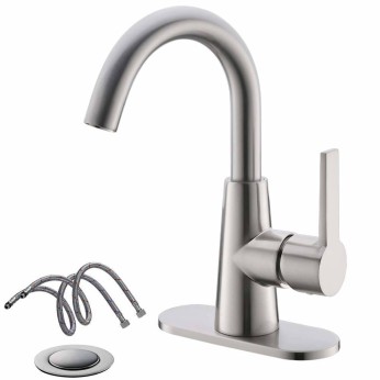 Single Handle Brushed Nickel Single Hole Centerset Bathroom Faucet With Deck Plate Pop Up Drain And Water Supply Hoses 