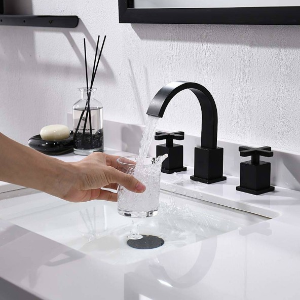 8 Inch 2 Cross Handle 3 Hole Matte Black Widespread Bathroom Faucet,Bathroom Vessel Sink Vanity Faucet With Pop Up Drain