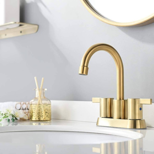 Brushed Gold 4 Inch 2 Handle Centerset Bathroom Faucet, with Copper Pop Up Drain and Water Supply Lines