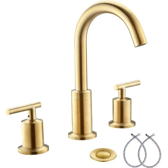 2 Handles 8 Inch Widespread BathroomFaucets, Brushed Gold Bathroom Sink Faucet with Valve and Metal Pop-Up Drain