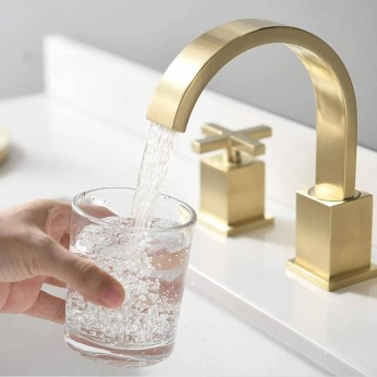 8 Inch 2 Handle 3 Holes Brushed Gold Widespread Bathroom Faucet,Bathroom Sink Faucet with Pop Up Drain and Water Supply Line