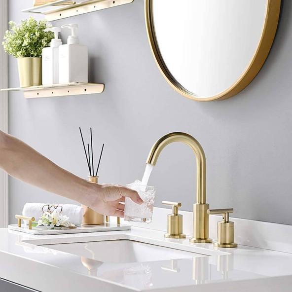 2 Handles 8 Inch Widespread BathroomFaucets, Brushed Gold Bathroom Sink Faucet with Valve and Metal Pop-Up Drain