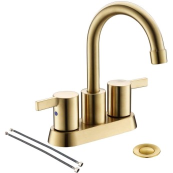 Brushed Gold 4 Inch 2 Handle Centerset Bathroom Faucet, with Copper Pop Up Drain and Water Supply Lines