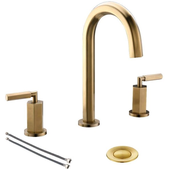 2 Handle 3 Hole Brass Widespread  Brushed Gold Bathroom Faucet, Bathroom Sink Faucet With Metal Pop Up Drain