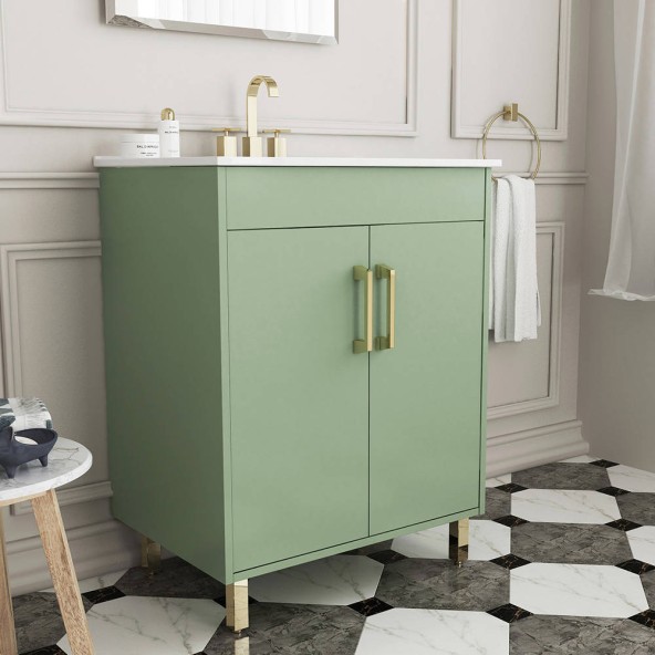 24 inch Single Green Bathroom Vanity with Ceramic Sink Combo, 2 Doors and 2 Draw Bathroom Storage Cabinet Set