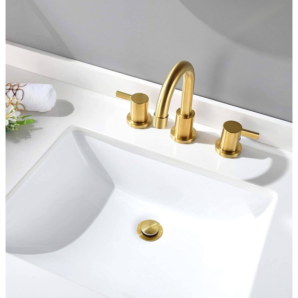 2 Handle 3 Hole 8 inch Widespread Brushed Gold Bathroom Faucet with Metal Pop-Up Drain and Water Lines