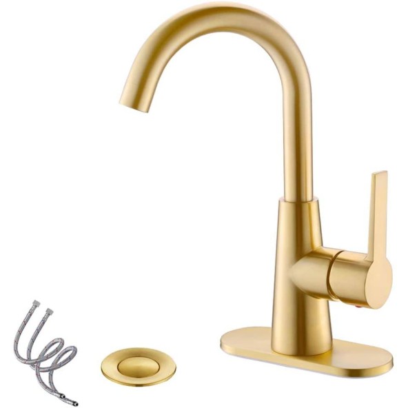 Brushed Gold Single-Handle 4 Inch Centrest Bathroom Sink Faucet with Deck Plate and Supply Hoses, Bar Sink Faucet