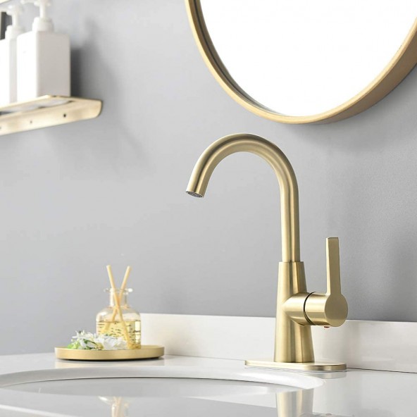 Brushed Gold Single-Handle 4 Inch Centrest Bathroom Sink Faucet with Deck Plate and Supply Hoses, Bar Sink Faucet